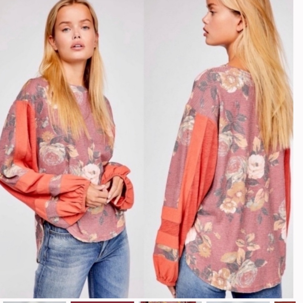 Free People Flower Patch Boho Thermal Top Oversize Blouse Size XS